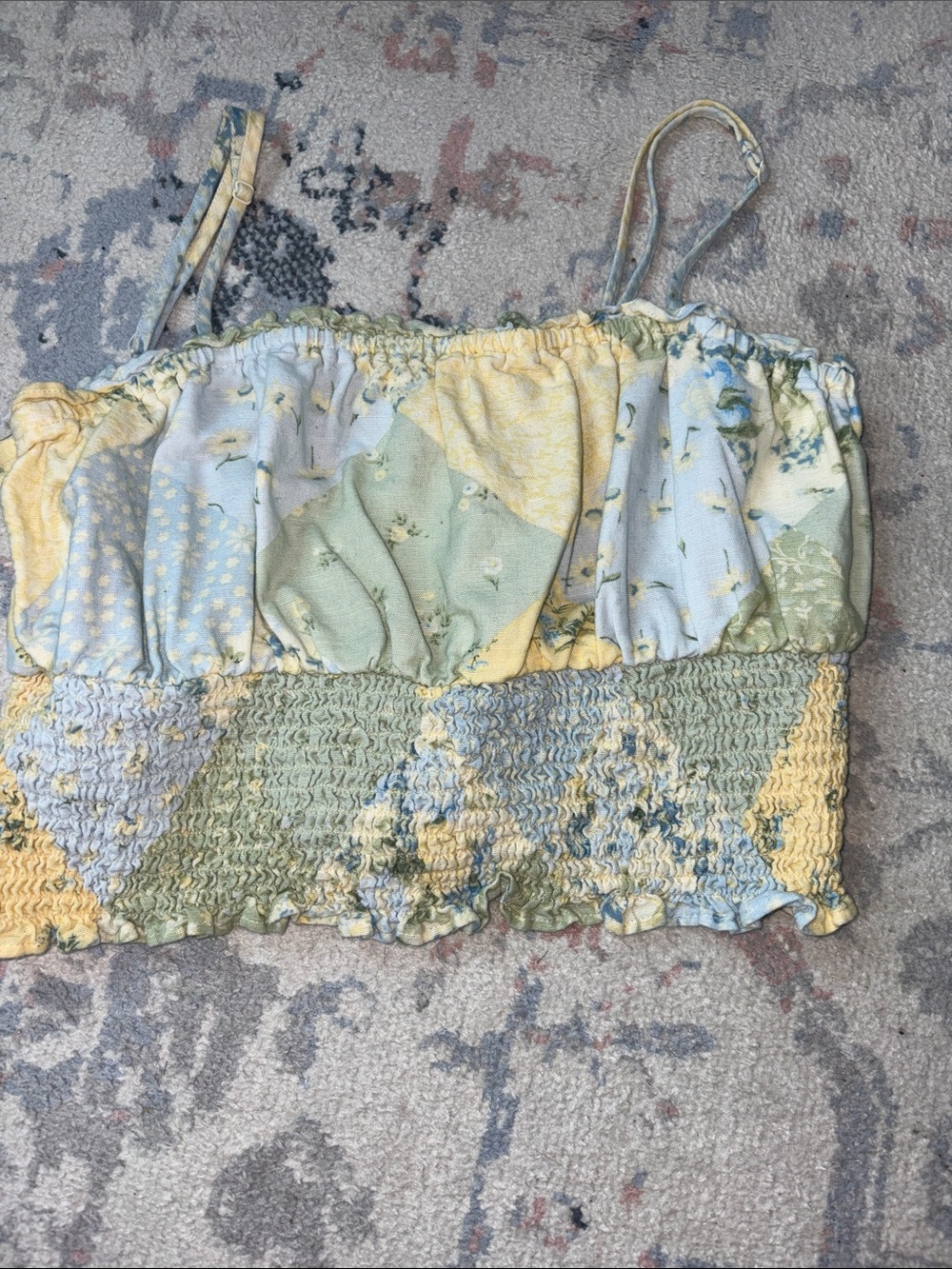 American Eagle Smocked Patchwork Cami Top - Pastel Yellow & Sage size small
